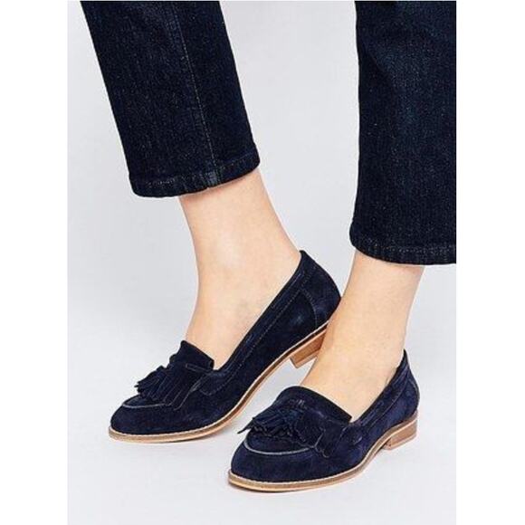 NWOT ASOS Kiltie Fringe Tassel Suede Navy Loafer Shoes size 9 - Picture 1 of 6